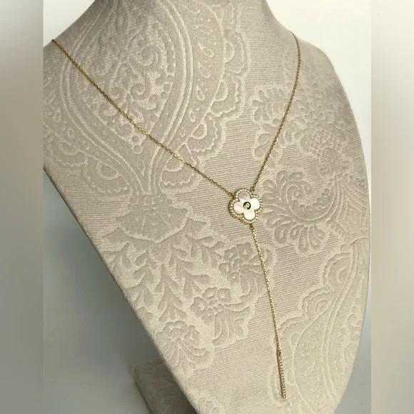 Rachel Zoe Clover Necklace Y Chain Zirconia Mother of Pearl 14k Gold Color - Picture 7 of 7